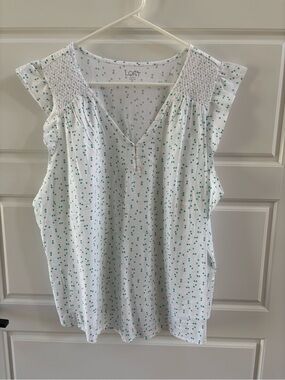LOFT White Tank Top with Green Dot Print and Smocked Shoulders